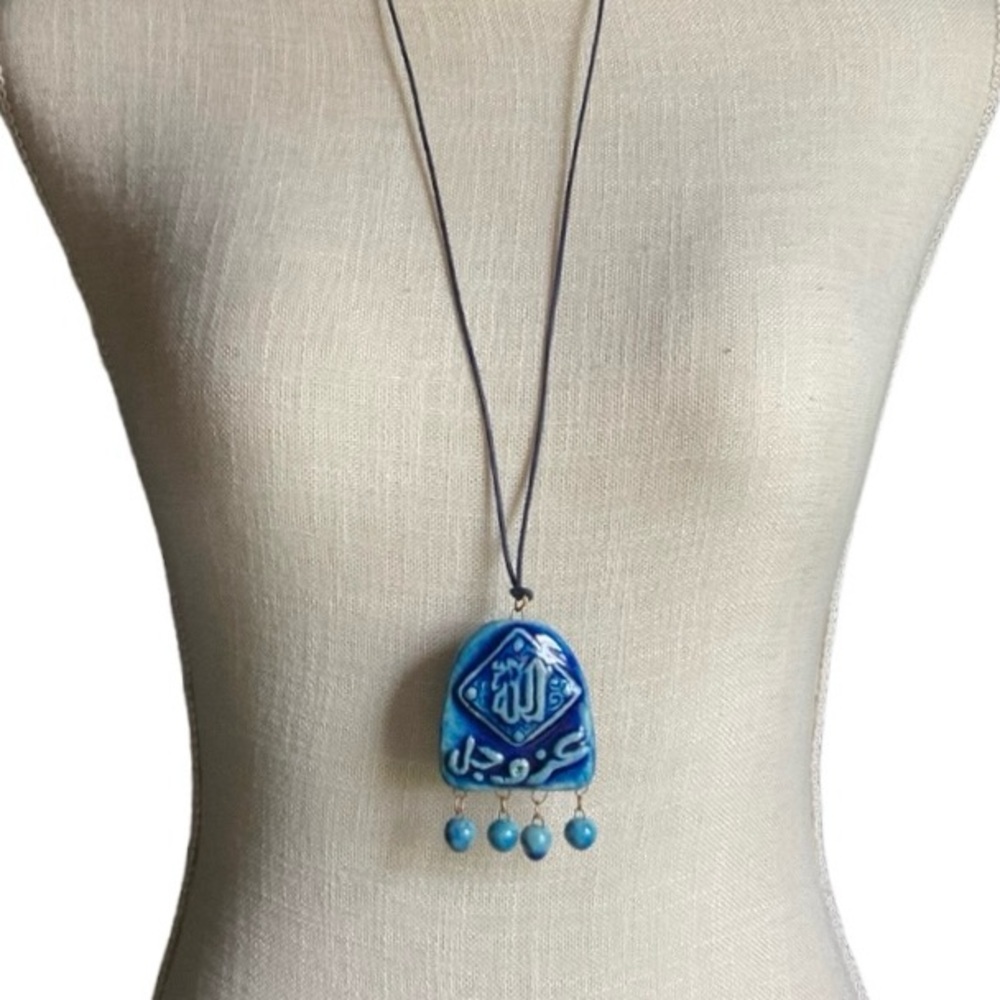 Long Fashion Necklace Blue Ethnic Clay Ceramic Piece on a black wire rope chain